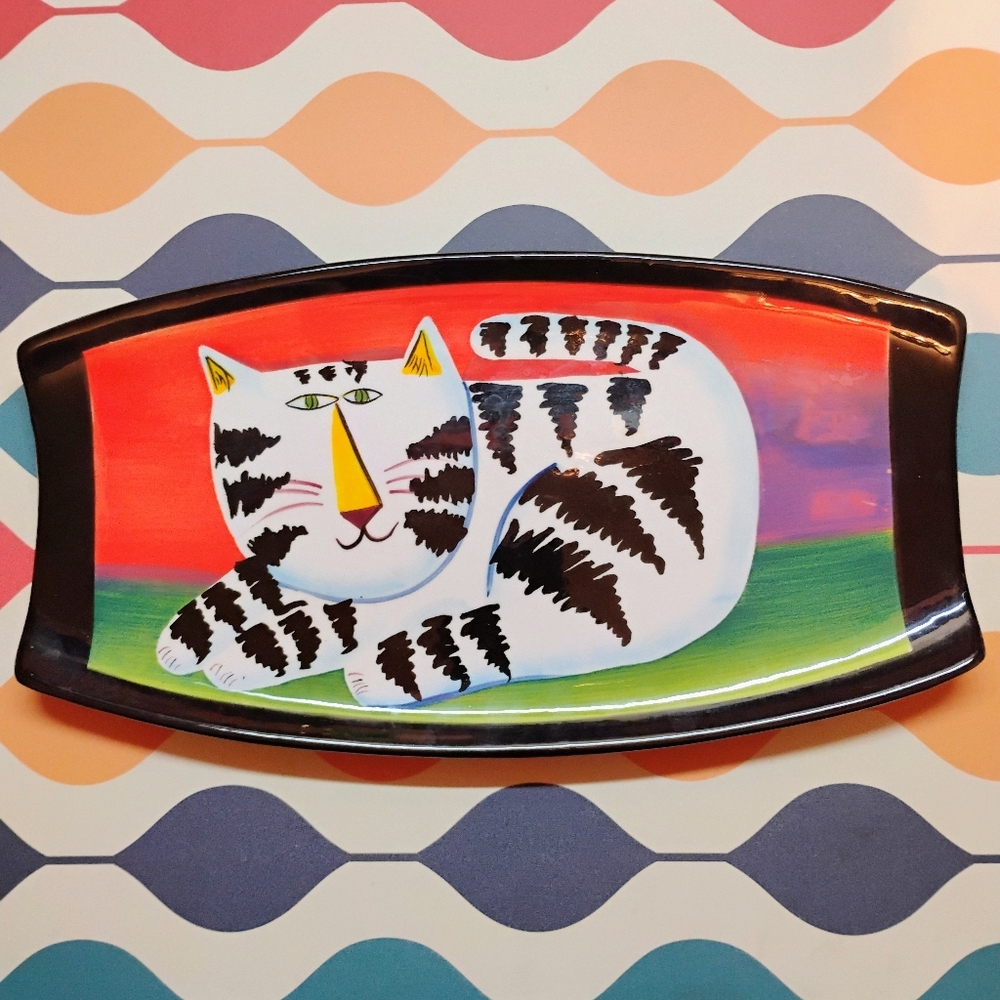 Naylor Designs Hand Painted Ceramic Cat Platter Wall Hanging Tray Whimsical Art